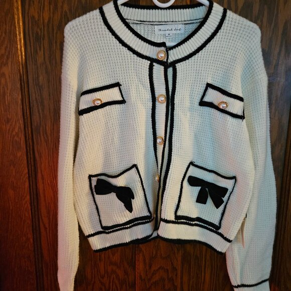 Women's THREADED LEAF bow Long sleeve cardigan sweater - Picture 5 of 7